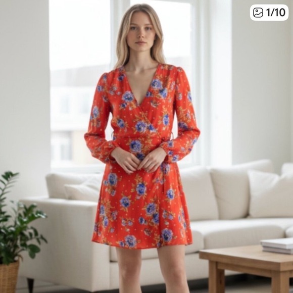 Zara Dresses & Skirts - Zara Red Floral Polka Dot Wrap Mini Dress Long Sleeve XS V-Neck Boho Summer EUV